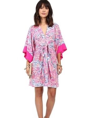 EUC LILLY PULITZER Pink Kimora Silk Kimono Dress Coco Coral Crab ~ Size Small